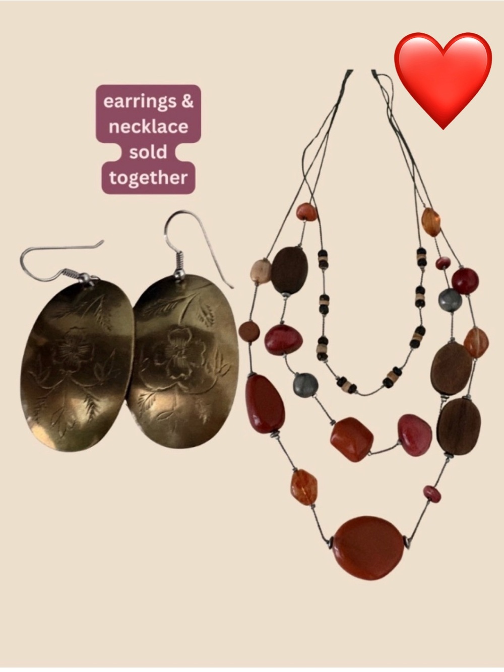 Boho Earth-Tone Beaded Necklace & Brass Earrings Set